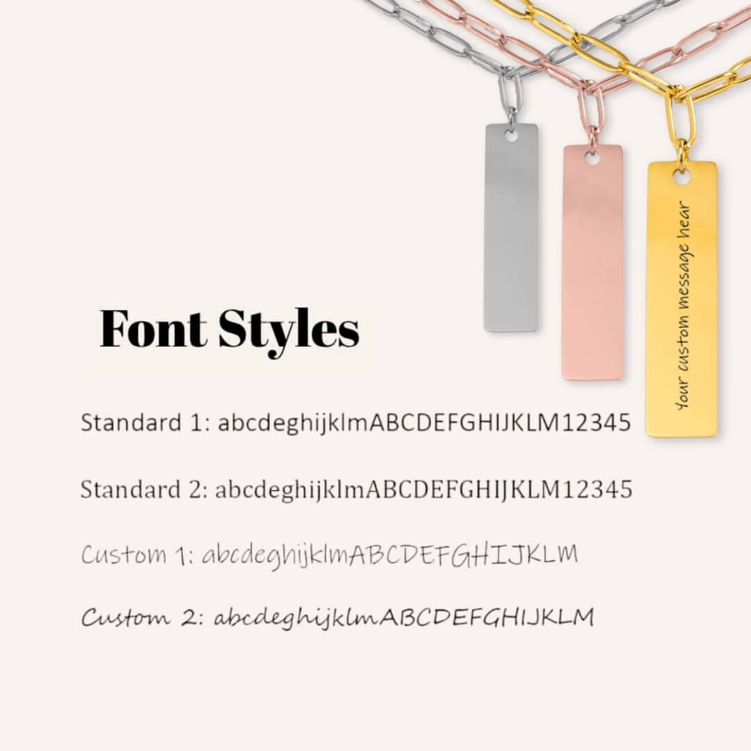 Gold, rose gold and silver necklaces with a vertical bar pendant displaying customizable text on a white background with font styles options.