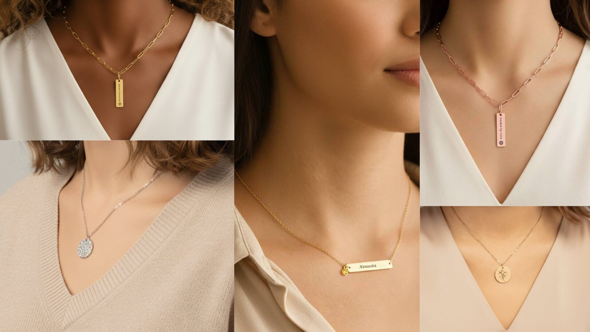 Personalized jewelry collection in collage of women wearing various personalized necklaces: gold vertical pendant bar necklace engraved with mantra, silver custom star map necklace, gold horizontal bar necklace engraved with a name and with birthstone, rose gold vertical pendant bar necklace engraved with mantra, and a gold zodiac sign round pendant.