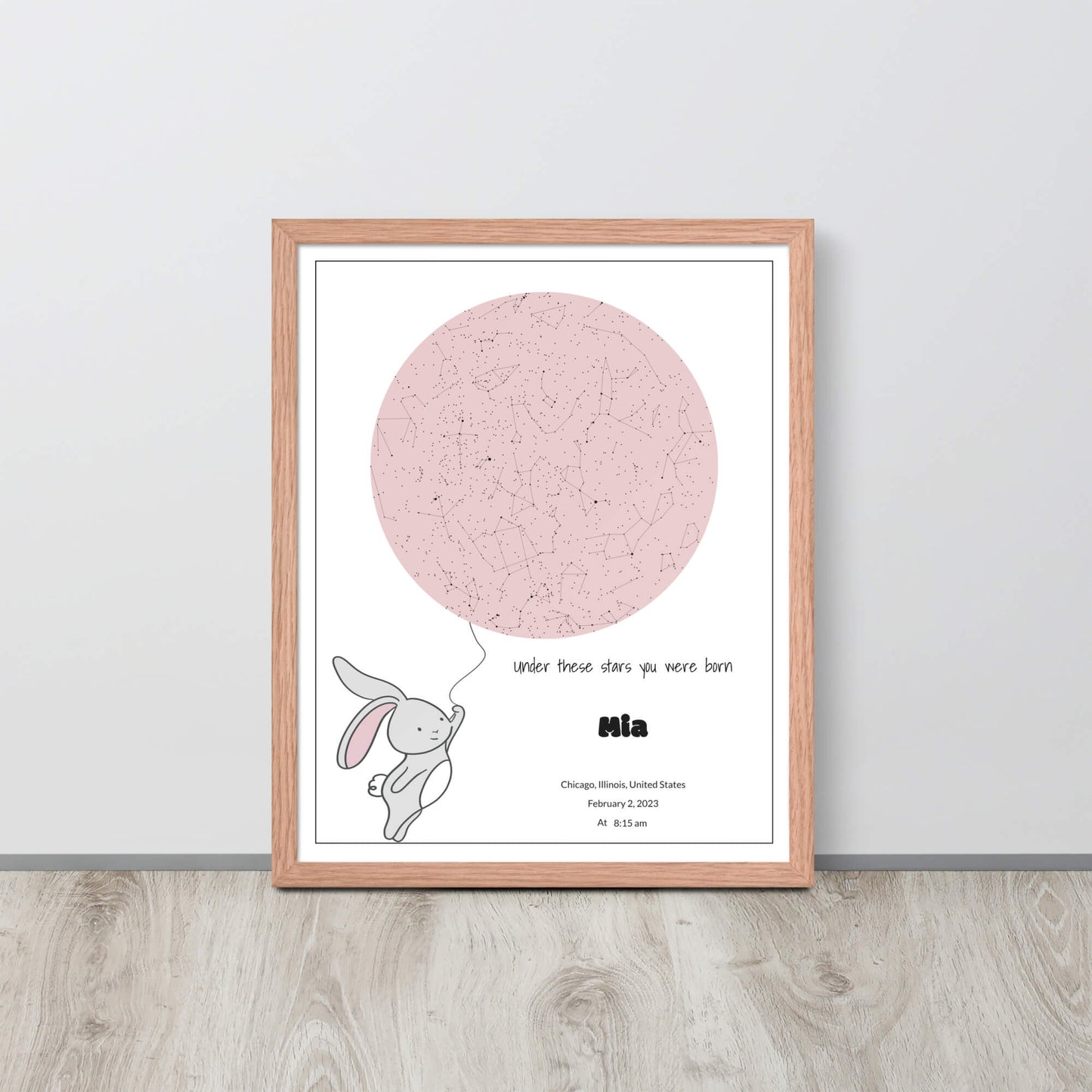 Custom Star Map poster for nursery decore_Rose Blush color_ Bunny design_Gift for newborn baby
