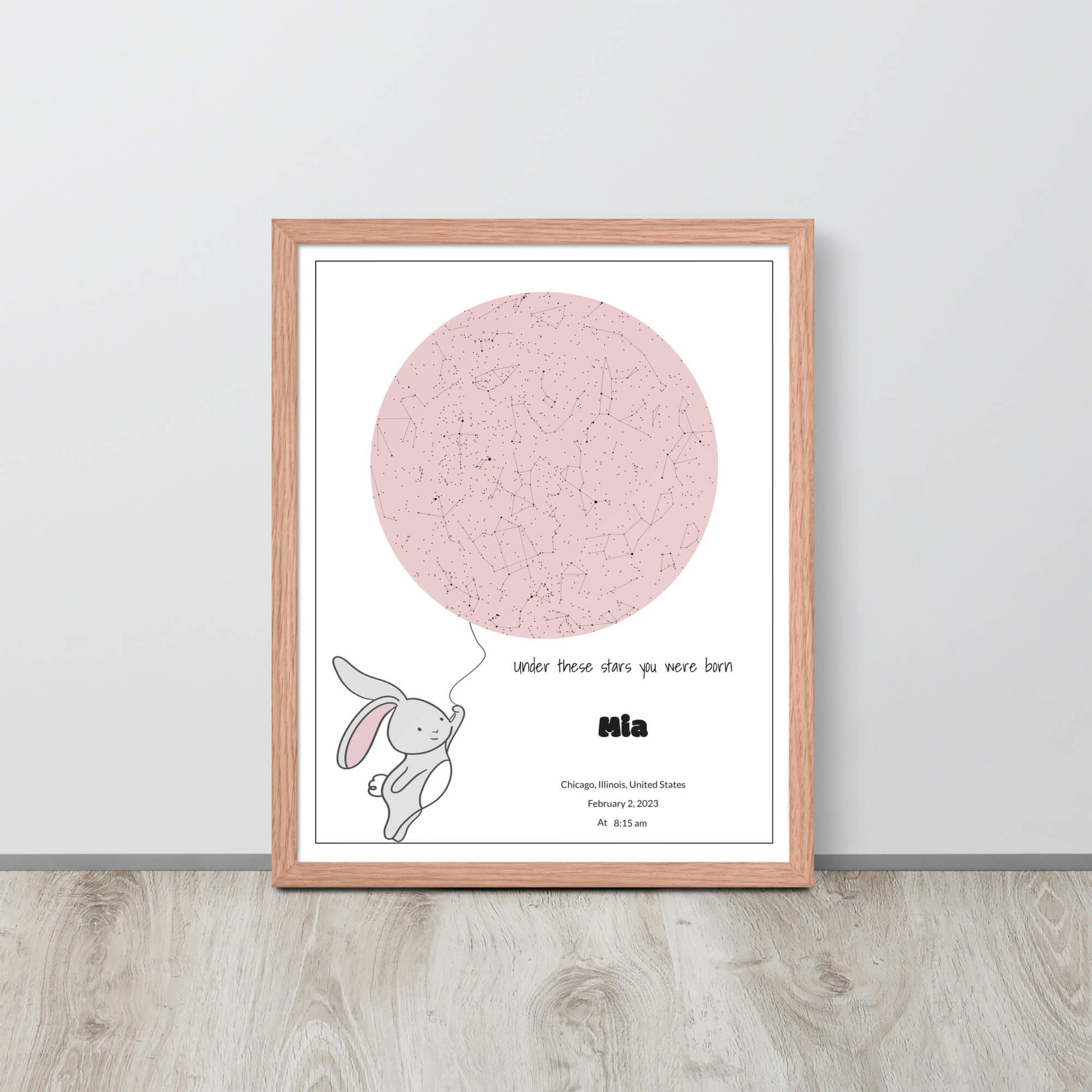 Custom Star Map poster for nursery decore_Rose Blush color_ Bunny design_Gift for newborn baby