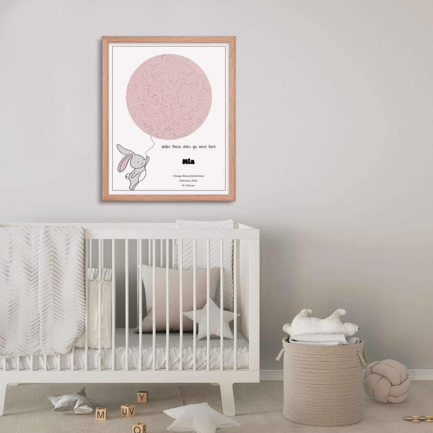 Custom Star Map poster for nursery decore_Rose Blush color_ Bunny design_Gift for newborn baby