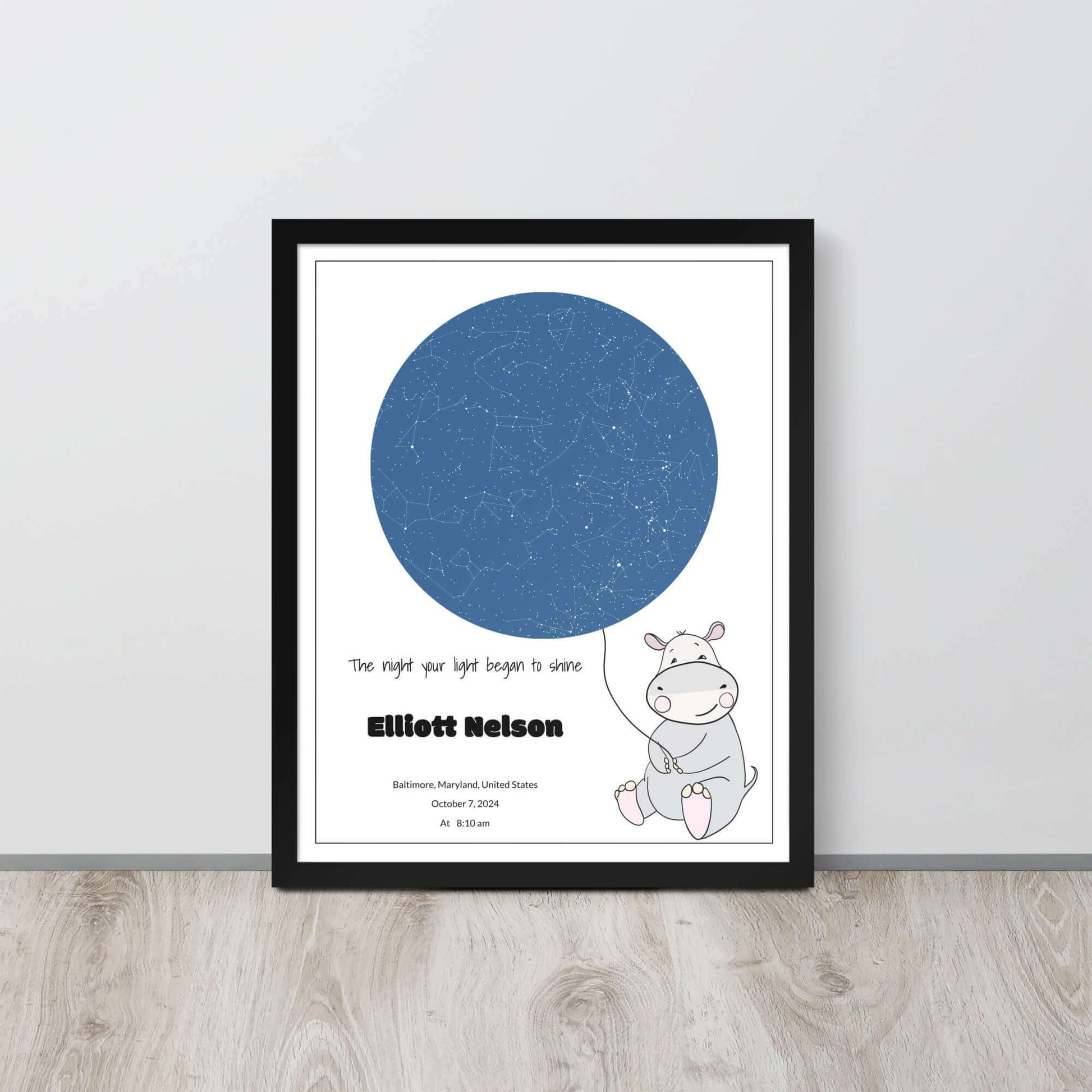 Custom Star Map poster for nursery decore_Sky Blue color_ Hippo design_Gift for newborn baby
