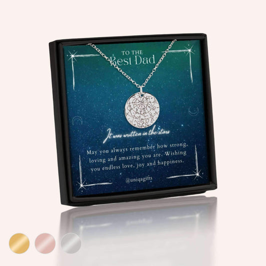 Personalized star map necklace in stainless steel with 18K gold plating, silver, and rose gold. Custom jewelry gift for father.