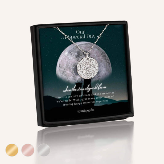Personalized star map necklace in stainless steel with 18K gold plating, silver, and rose gold. Custom jewelry gift for anniversary.