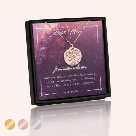 Personalized star map necklace in stainless steel with 18K gold plating, silver, and rose gold. Custom jewelry gift for mother.