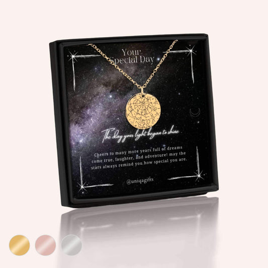 Personalized star map necklace in stainless steel with 18K gold plating, silver, and rose gold. Custom jewelry gift for birthday.