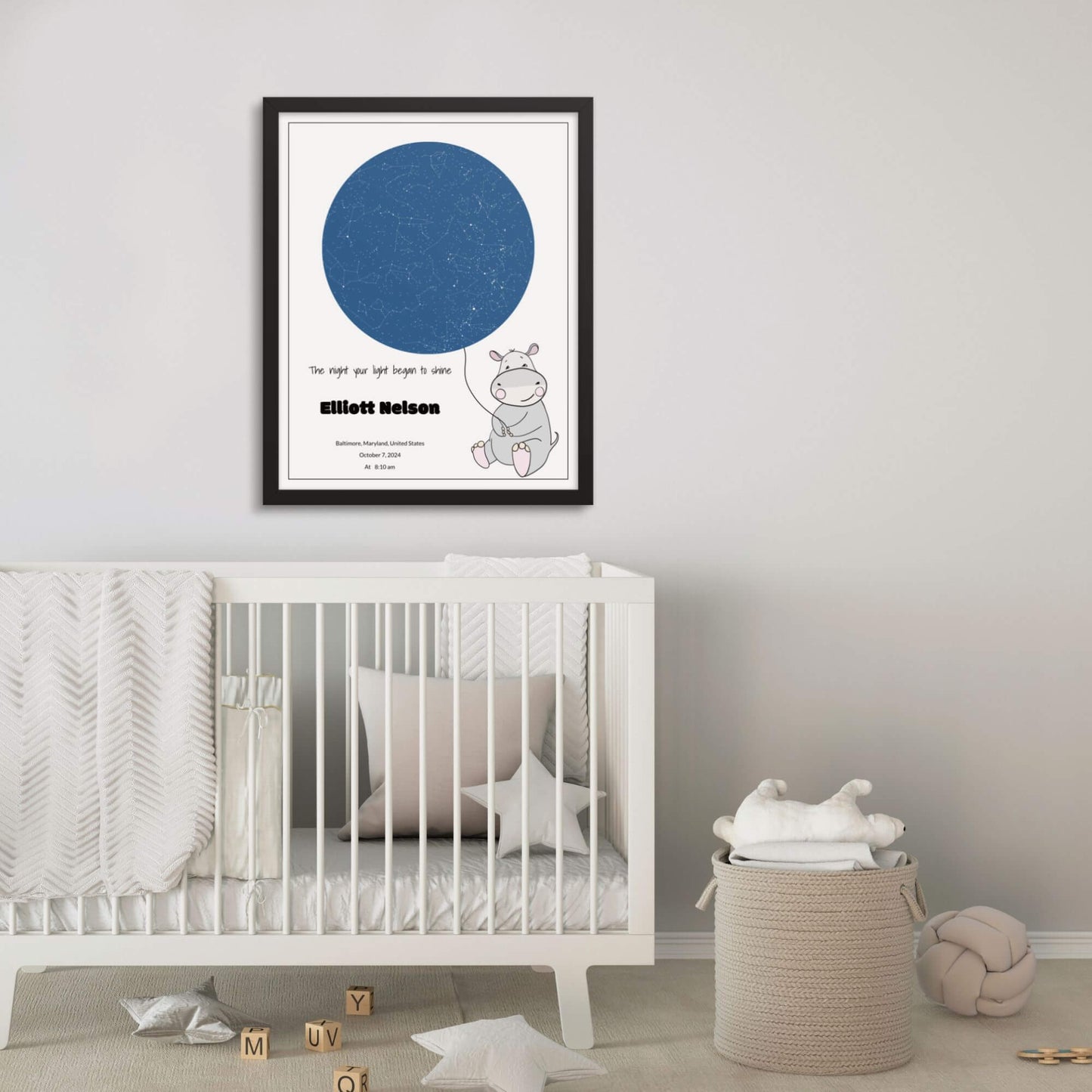 Custom Star Map poster for nursery decore_Sky Blue color_ Hippo design_Gift for newborn baby
