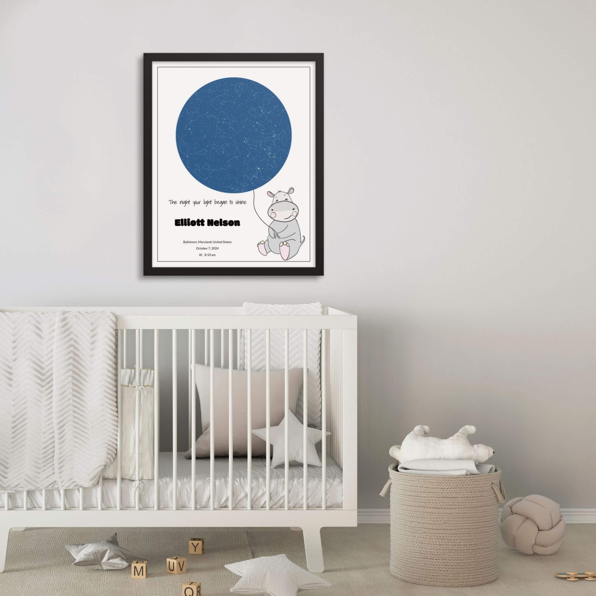 Custom Star Map poster for nursery decore_Sky Blue color_ Hippo design_Gift for newborn baby