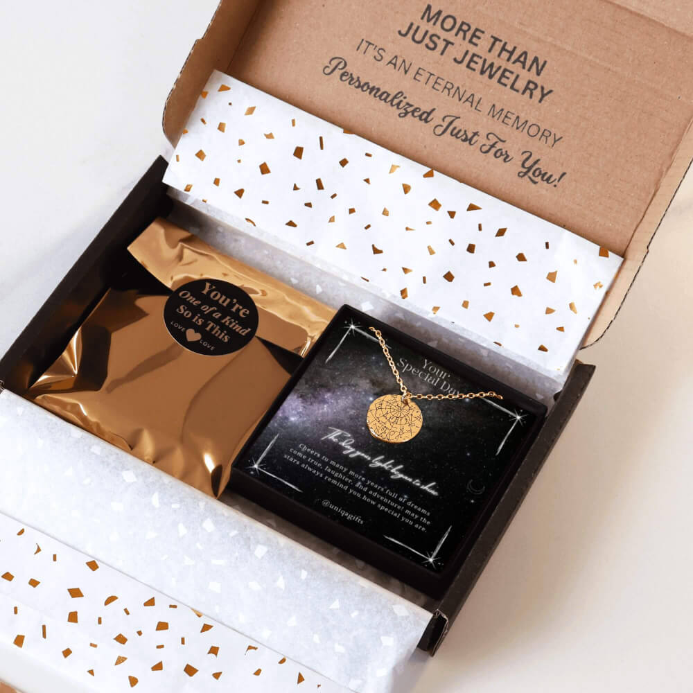 Personalized gold necklace with a coin pendant engraved in custom star map, packaging in a gift box with a festive greeting card for birthday and  gold confetti paper, held by hands against a neutral background.