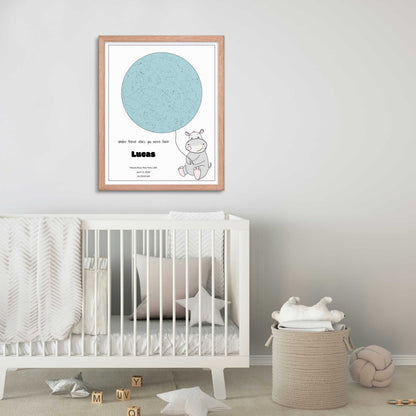 Custom Star Map poster for newborn baby in nursery room, Hippo design 