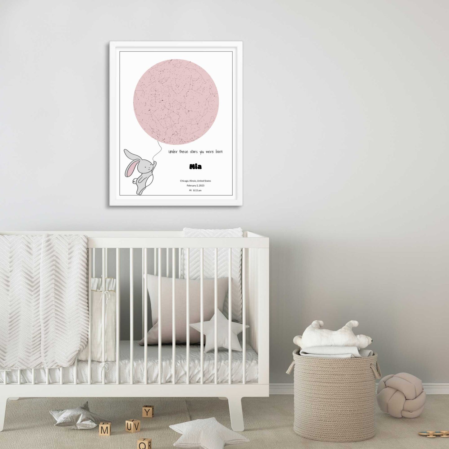 Custom Star Map poster for newborn baby in nursery room, Bunny design 