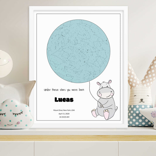 Custom Star Map poster for newborn baby, Hippo design 