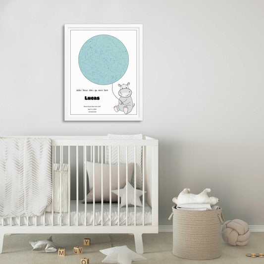 Custom Star Map poster for newborn baby in nursery room, Blue Mist, Hippo design 