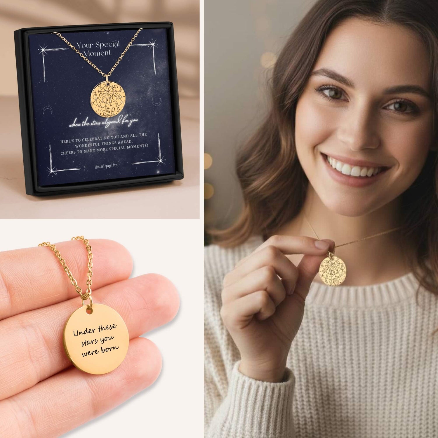 Collage showing a woman holding a custom gold star map necklace, the round pendant engraved with 'Under these stars you were born' on the reverse, and the product placed in a festive gift box.