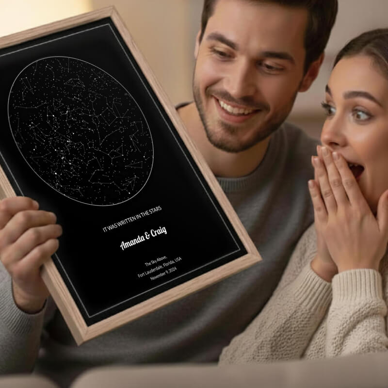 Man and woman looking at a framed star map with personalized text.