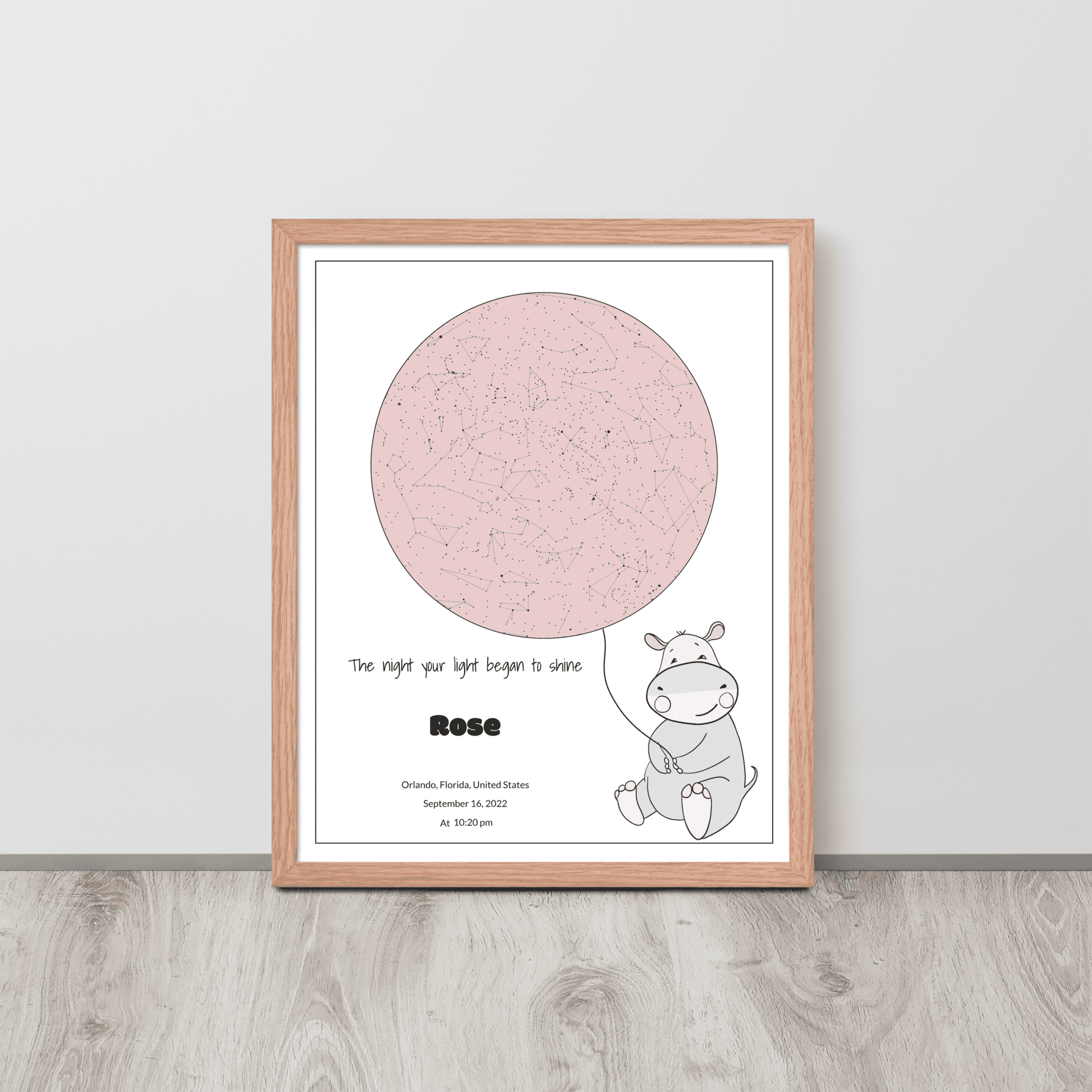 Custom Star Map poster for newborn baby, Rose Blush, Hippo design 