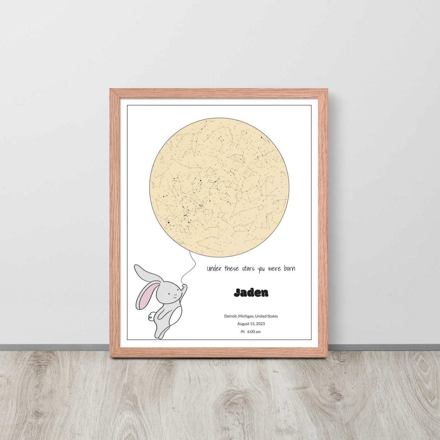 Custom Star Map poster for newborn baby, Tan Brown, Hippo design 