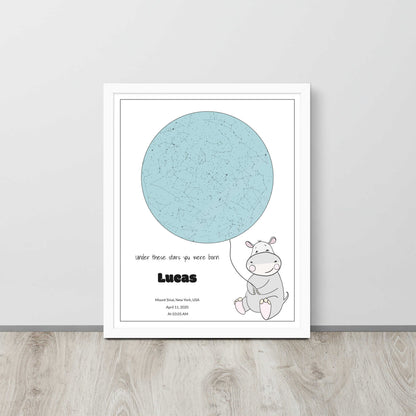 Custom Star Map poster for newborn baby, Blue Mist, Hippo design 