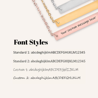 Gold, rose gold and silver necklaces with a horizontal bar pendant displaying customizable text on a white background with font styles options.