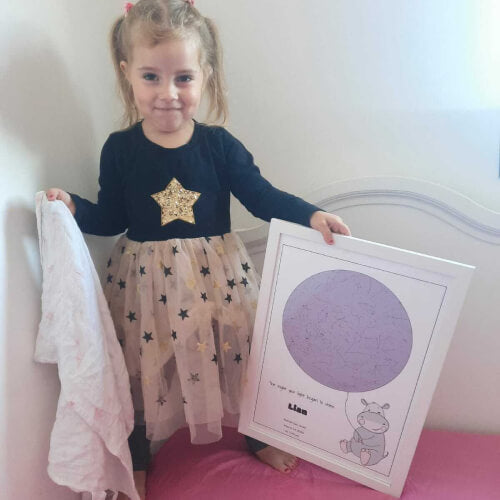 Girl holding a Hippo star map for baby