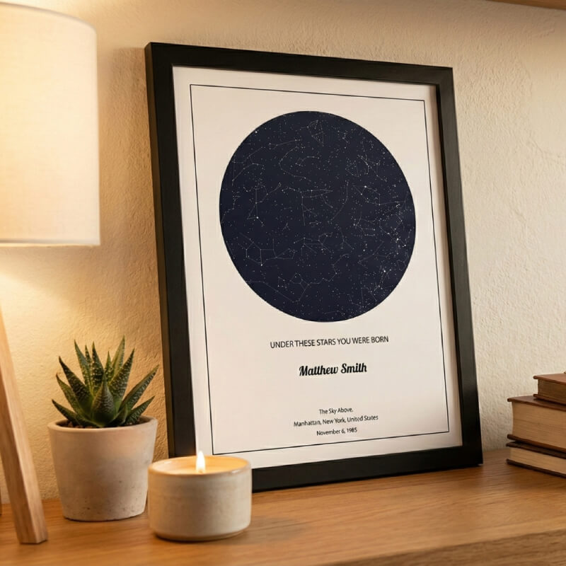 Framed star map poster on a wooden surface with a candle and plant in the background