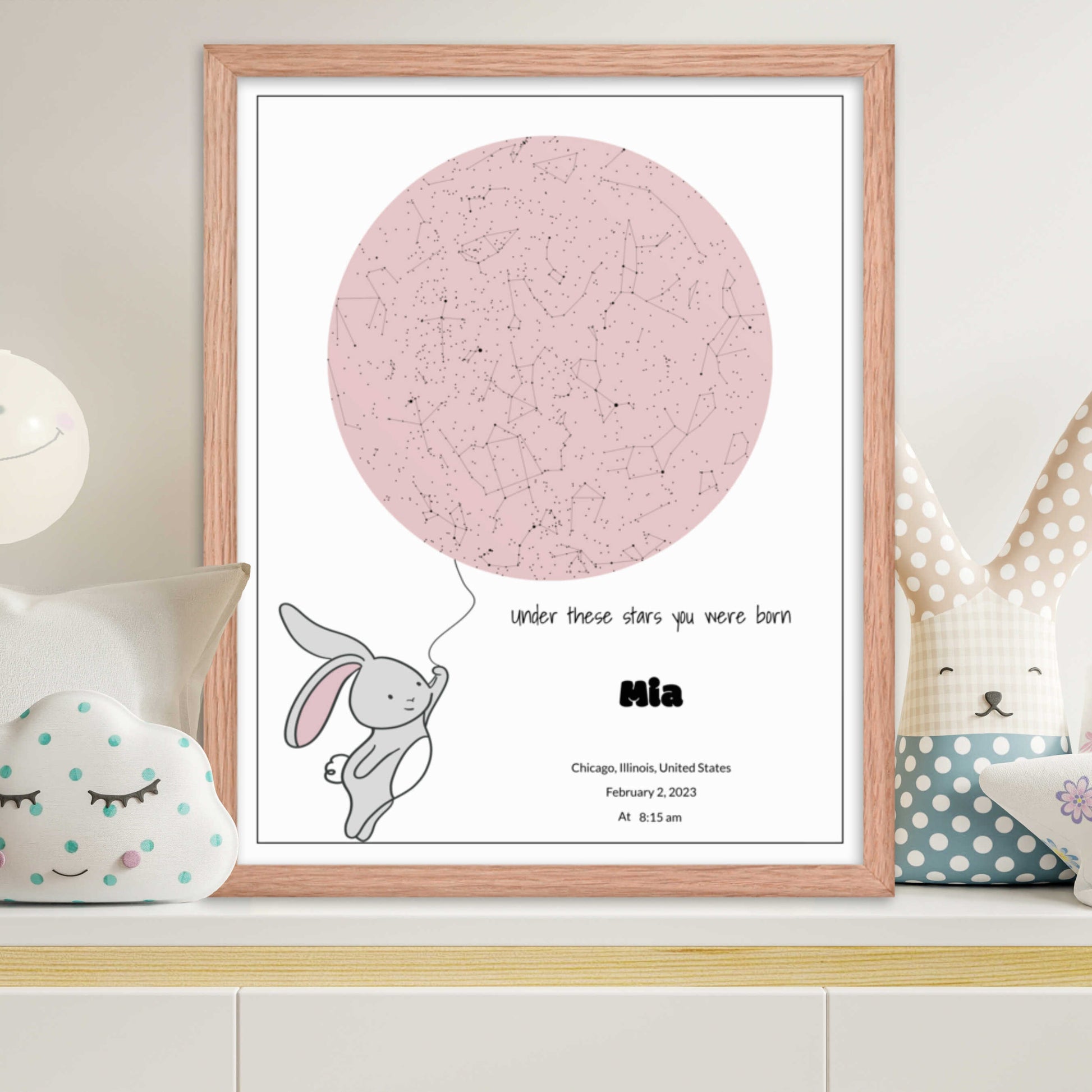 Custom Star Map poster for newborn baby, Bunny design 