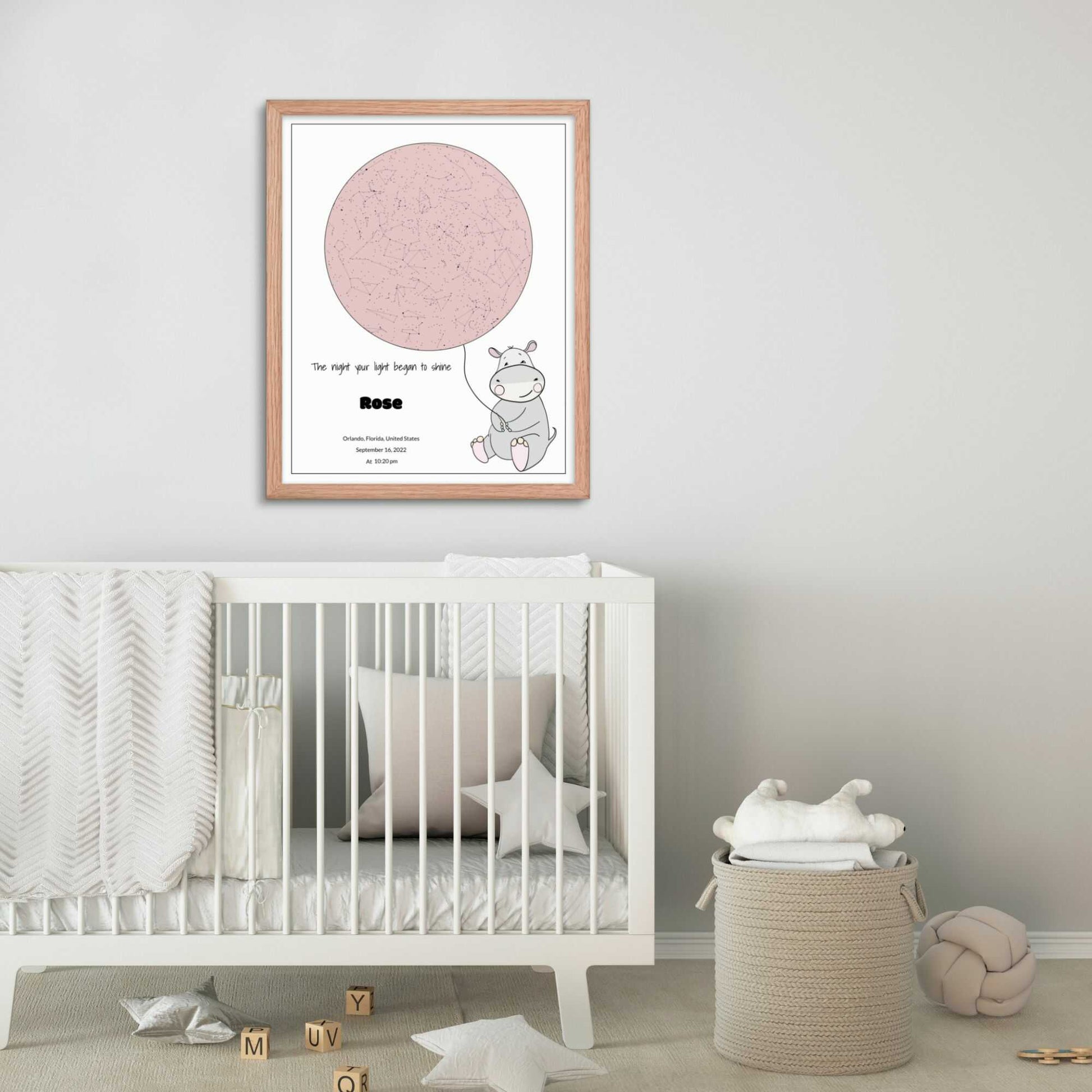 Custom Star Map poster for newborn baby in nursery room, Rose Blush, Hippo design 