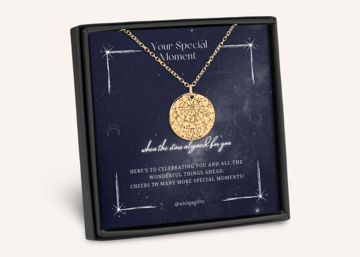 Personalized star map necklace in stainless steel in 18K gold plating in gift box. Custom jewelry gift for any occasion.