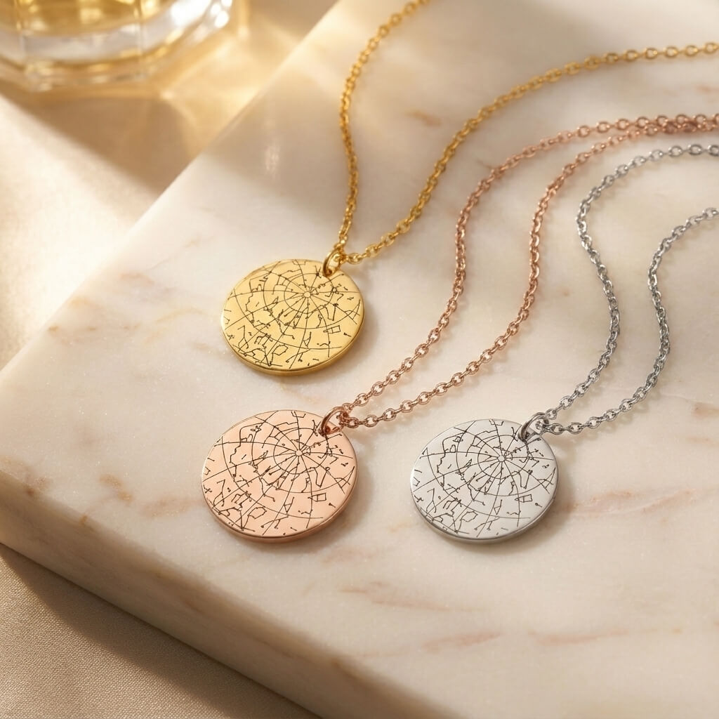 Three custom star map necklaces in Gold, Rose Gold, and Silver finishes, artistically arranged on a light marble surface.
