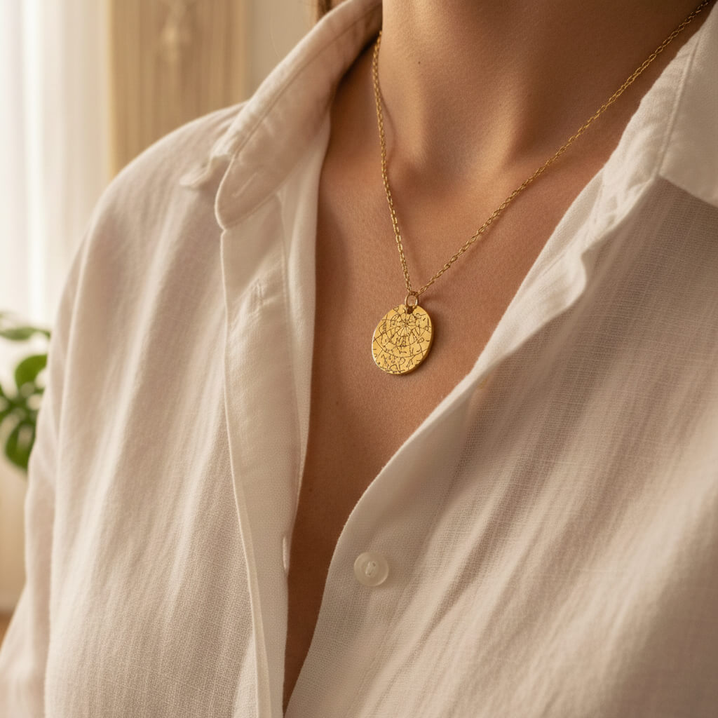 A woman with a white elegant linen shirt wearing a gold custom star map necklace in a boho home style in the background.