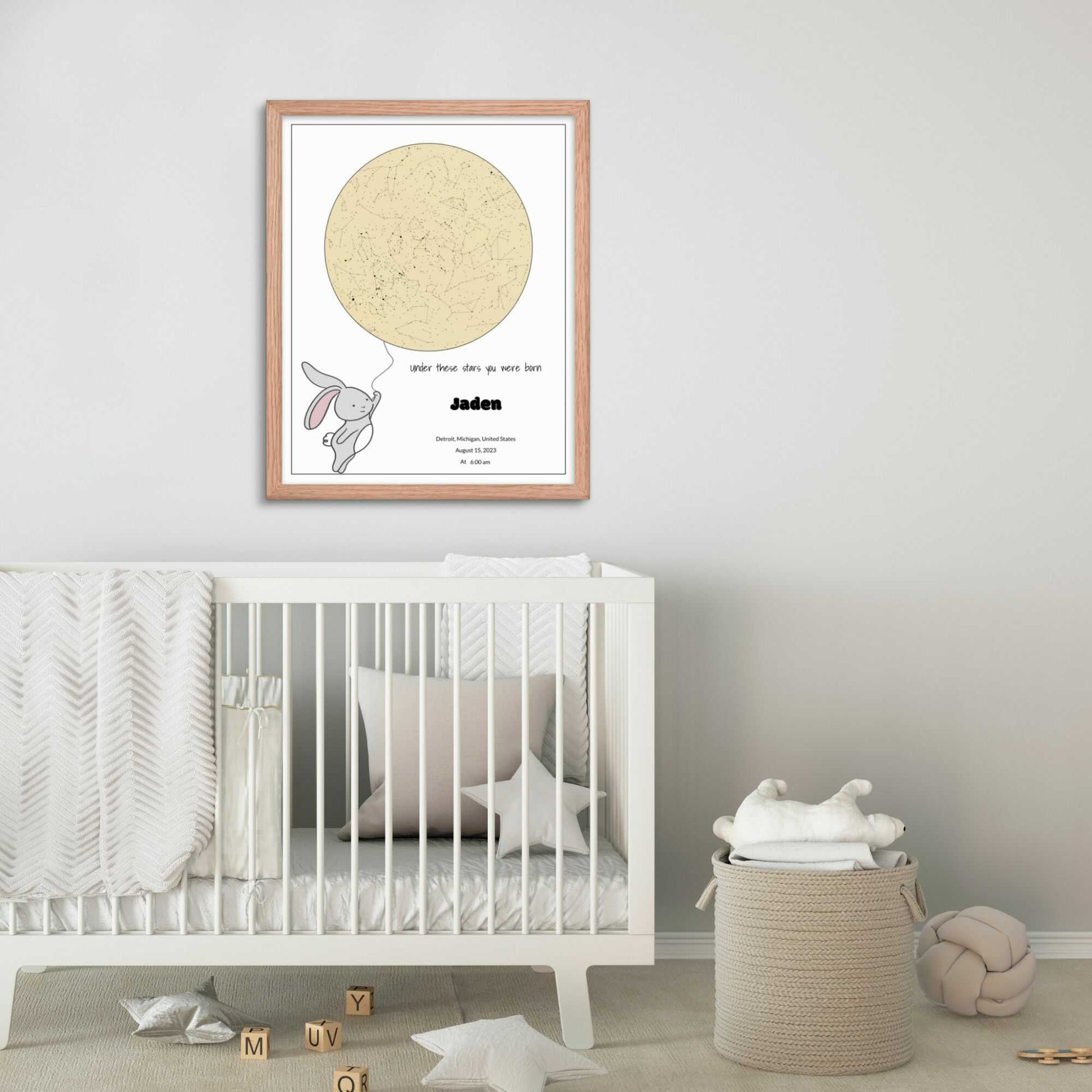 Custom Star Map poster for newborn baby in nursery room, Tan Brown, Hippo design 